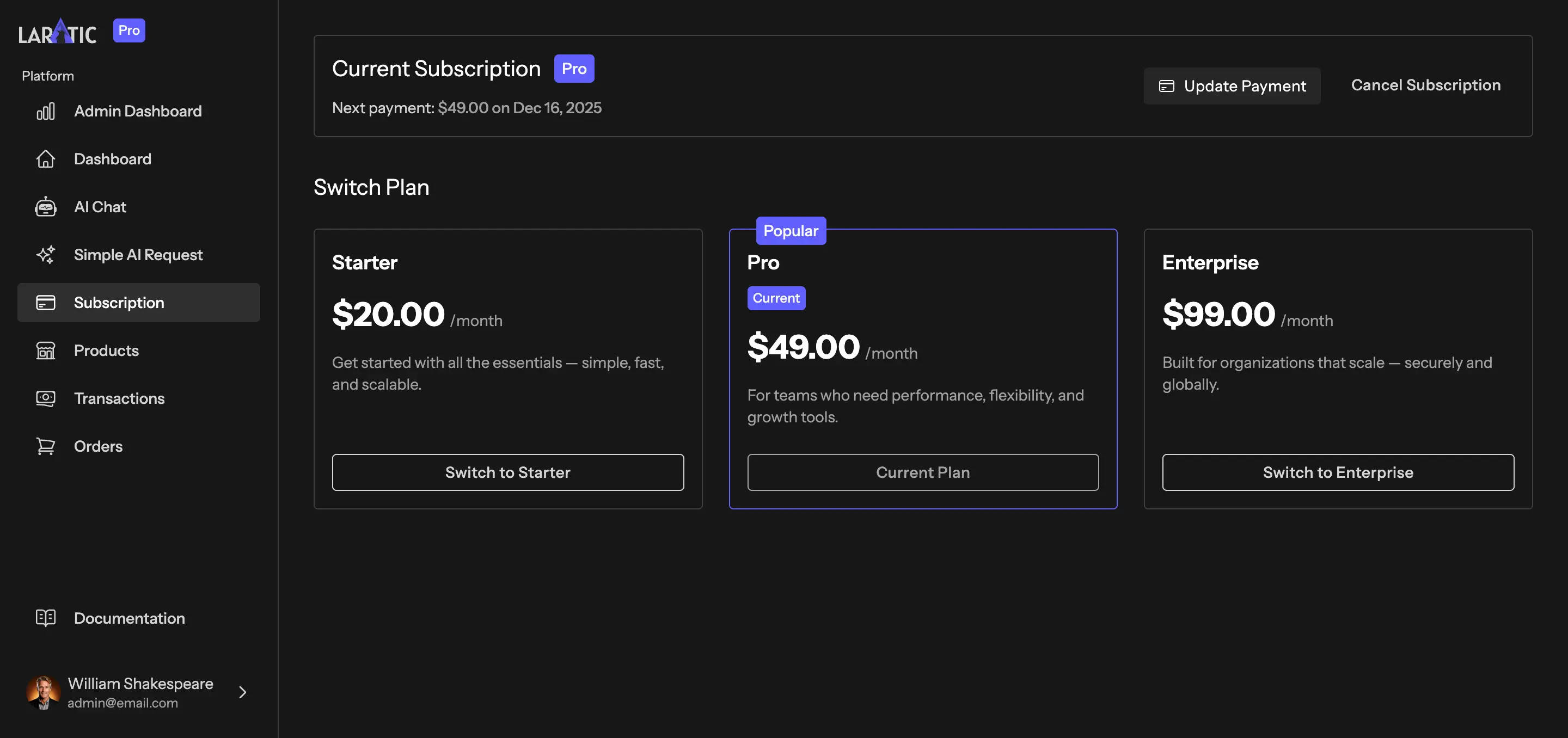 Subscription Management Page